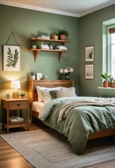 a bed sitting in a bedroom next to a window with potted plants on top of it