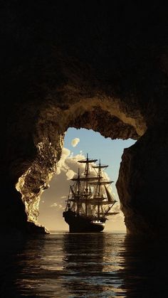 a pirate ship sailing through an opening in the ocean