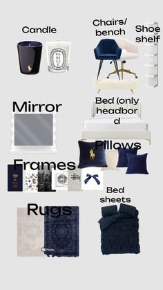 a poster with different types of furniture and decor items in black and white, including bed sheets