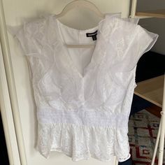 This Short Sleeved Blouse Is Brand New With Tags - Originally $88! It Is White/Off-White And Has Lace And Ruffle Detail Throughout. Women’s Size Small Messages And Offers Welcome! Bundle 3 Items For 10% Off! White V-neck Top With Ruffles, White Top With Ruffle Hem For Party, White Ruffle Hem Top For Party, White Party Top With Ruffle Hem, Fitted Peplum Tops With Lace Trim, Fitted Lace Trim Peplum Top, Elegant White Top With Ruffle Hem, Elegant White Tops With Ruffle Hem, White V-neck Ruffle Top