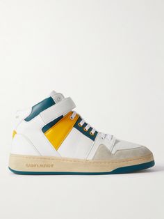 SAINT LAURNT's high-top sneakers take cues from traditional basketball styles. Made from smooth leather and suede, they're set on chunky rubber soles and embossed with the brand's moniker. Saint Laurent Collection, Sneakers For Men, Suede Lace, Yellow Leather, Mr Porter, Smooth Leather, High Top, Top Sneakers, Fashion News