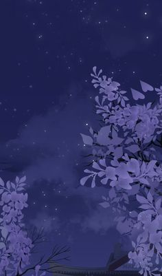 the night sky is full of stars and clouds, as well as some trees with purple leaves