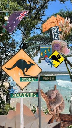 there are many different street signs on the pole in front of the water and trees