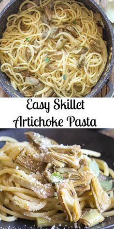 an easy skillet artichoke pasta recipe that is ready to be eaten