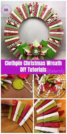 a collage of christmas wreaths made out of strips of paper and ribbons with text overlay that reads, clothin christmas wreath diy tutors