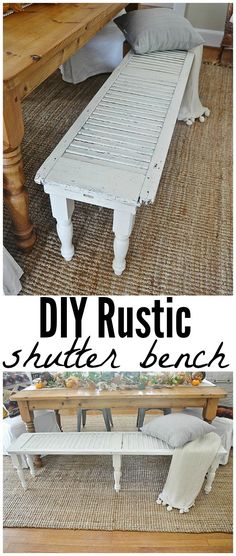 an old table and bench are transformed into a diy rustic wooden bench with white paint