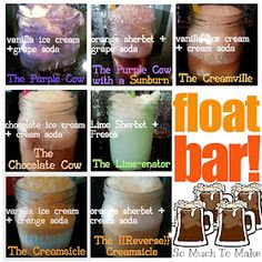 there are many different types of ice creams in mason jars with the words float bar on them