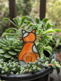 an orange cat sitting on top of a potted plant