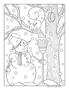 a snowman is standing next to a tree with a bird perched on the branch