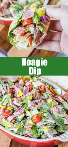 this hoagie dip is loaded with bacon, lettuce, tomatoes and other ingredients