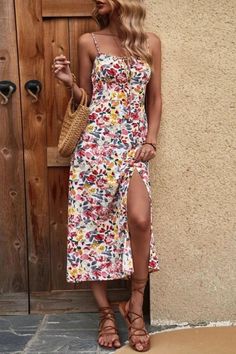 Floral Print Split Dress, Sexy Spaghetti Strap Sleeveless Maxi Dress Casual Cami Sundress For Beach Season, Fitted Sling Summer Dress, Stretch Sundress With Spaghetti Straps For Vacation, Fitted Cami Sundress For Vacation, Casual Fitted Strapless Suspender Dress, Casual Cami Dresses For Beach Season, Fitted Casual Sleeveless Dress With Spaghetti Straps, Stretch Cami Summer Dress, Casual Fitted Sleeveless Dress With Spaghetti Straps