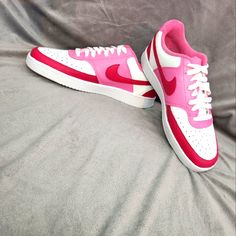 Hot Pink And Magenta Custom Hand Painted Nike Court Visions. Nike Custom Pink Sneakers For Spring, Spring Nike Custom White Sneakers, Nike Shoes Custom, Painted Nikes, Cheer Shoes, Nike Zoom Pegasus, Nike Waffle, Custom Nike, Air Jordan Sneakers