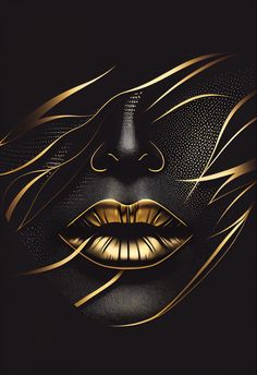 a woman's face with golden lipstick and gold lines on her cheek, as if she is in an artistic fashion