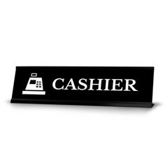 a black and white sign that says cashier