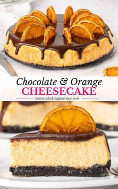 chocolate and orange cheesecake on a white plate with the title in the middle above it