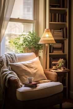 a living room with a chair, lamp and bookshelf in the window sill