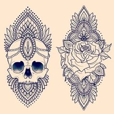 two skulls with flowers on their heads and one skull in the middle, both have blue eyes