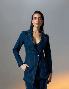 Indigo Top-Stitch Denim Blazer | NOT JUST A LABEL Denim Formal, Indigo Top, Cloth Design, Denim Suit, Contrast Top, Deep Indigo, Denim Blazer, Work Wear Women, Western Wear