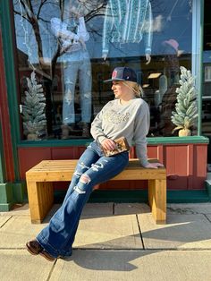 Fresh spring arrivals SURE to turn heads. 🔥 Ariat Outfits, Cozy Closet, Cute Cowgirl Boots, Heather Grey Sweatshirt, High Rise Flare Jeans, Western Hats, Casual Summer Outfit