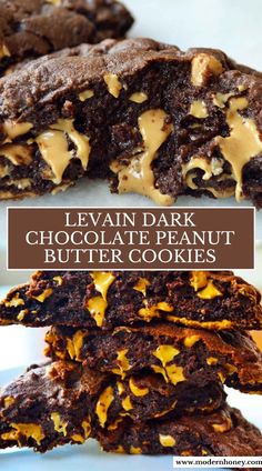 chocolate peanut butter cookies stacked on top of each other with the words leviin dark chocolate peanut butter cookies