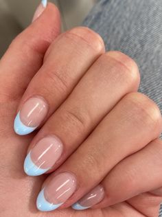 Pastel Blue French Tips, Light Blue Nail French Tip, Short Almond Acrylic Nails Design Blue, White With Blue French Tip Nails, Blue Nails With French Tip, Light Blue French Tip Nails Almond, Blue Tipped Nails, Milk French Nails, Blue French Acrylic Nails