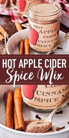 hot apple cider spice mix in a jar with cinnamon sticks