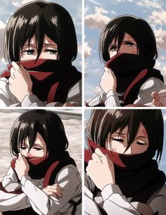 four different pictures of a person with black hair wearing a scarf over their face and covering his mouth