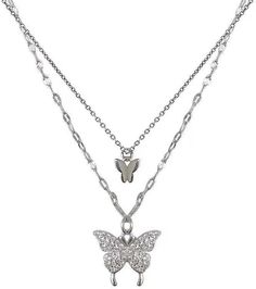 ✦SILVER BUTTERFLY NECKLACE✦: Great way to show your unique,great for wearing alone or layering with other dainty necklaces ✦MATERIAL✦: Butterfly jewelry made of high quality 316L stainless steel, No nickel and lead, No Hypoallergenic, No Tarnish, will not irritate your skin ✦SIZE✦: Chain 15.4"+2" length, with 0.55" butterfly pendant, adjustable chain help you find a comfortable length ✦PERFECT GIFTS✦: Butterfly jewelry for women comes with beautiful box ready for giving mom,daught... Double Chain Necklace, Double Layer Necklace, Bow Necklace, Butterfly Jewelry, Gold Choker, Butterfly Necklace, Butterfly Pendant, Dainty Necklace, Gold Plated Silver