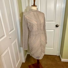 Nwt Boohoo Grey Crocheted Lined Mini Dress Elegantly Appointed Grey Lace Dress With Nude Lining. High Neck Collar And Sheer Lace Sleeve Make This The Dress For Your Special Night Out. Gray Lace Dress, Boohoo Dresses, Neck Collar, Sheer Lace, Lace Sleeves, Size 12, Lace Dress, Night Out, Colorful Dresses