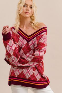 Eva V-Neck Sweater V-neck Top With Argyle Pattern For Fall, Winter V-neck Argyle Pattern Top, Cozy Multicolor V-neck Sweater, Fall V-neck Top With Argyle Pattern, Fall Argyle V-neck Top, Boho Fall, Winter Clothes, Knitted Pullover Sweaters, Modern Fashion