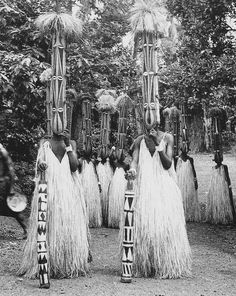 some people are standing in front of some trees with long grass skirts on their heads