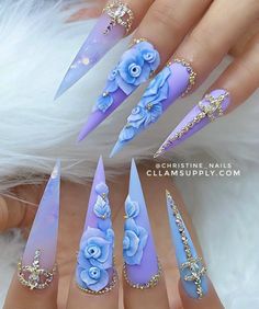 Blue Rose Nails, Chique Nails, Nail Designs Bling, Disney Acrylic Nails, Gucci Nails, Nails Flowers, Quartz Nails, Nails Design With Rhinestones