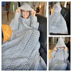 a woman sitting in a chair wearing a crocheted blanket and holding her hands up to her head