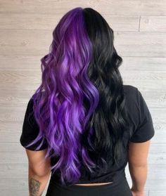 Mullet Fade Magic: Rainbow Hair Transformation for Summer Fun Split Black And Purple Hair, Hair Colour Ideas Split Dye, Split Dyed Hair Purple And Black, Half Black Half Purple Hair Split, 2 Tone Purple Hair, Split Purple Hair, Purple Hair With Layers, Purple Hair With Black Tips, Purple Hair With Black Highlights