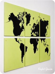 three black and yellow world map paintings on lime green canvases, each with an individual's name