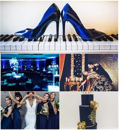 a collage of photos with blue shoes on top of a piano and wedding cake