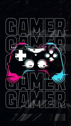 a video game controller with the words gamer on it in pink and blue, against a black background