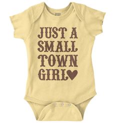 Brisco Brands Just a Small Town Girl Baby Bodysuits for Girls related product $10.99 Small Town Girl Country Southern Cowgirl Girls Baby Infant Romper Newborn $9.99 Small Town Girl Country Southern Cowgirl Baby Girl Bibs Infant Drooler Bib $9.99 Small Town Girl Country Southern Cowgirl Toddler Girl Youth T Shirt For Kids  music artist album cover song singer songwriter drummer guitarist seventies eighties nineties rocker star musician vinyl icon record dont stop believin escape san fran journey Fitted Yellow Onesie With Short Sleeves, Yellow Fitted Short Sleeve Onesie, Cute Fitted Yellow Onesie, Cowgirl Onesie, Western Baby Clothes, Country Baby Girl, Baby Clothes Country, Twin Baby Gifts