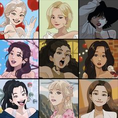 the many faces of four different women in cartoon style outfits, with one woman holding an ice cream cone