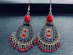 Red Bohemian Earrings With Beaded Tassels Antique Teardrop - Etsy Teardrop Tassel Jewelry, Red Dangle Latkans Jewelry, Red Dangle Jewelry With Latkans, Red Metal Earrings For Festivals, Traditional Tassel Earrings With Dangling Beads As Gift, Red Metal Earrings With Latkans, Red Tasseled Jewelry As A Gift, Red Tasseled Jewelry For Gift, Red Metal Dangle Earrings