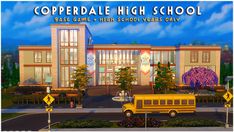 a school bus parked in front of a building with the words copperdale high school