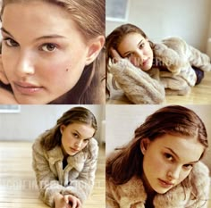 four different pictures of a woman with long hair wearing a fur coat and posing for the camera