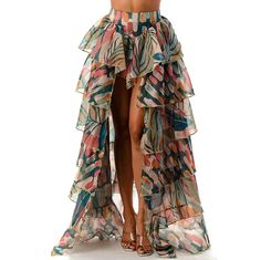 Multicolored High waisted skirt Open front tiered Flare maxi skirt Polyester 95% Spandex 5% Flare Maxi Skirt, High Low Skirt, Ruffle Skirt, Matching Top, Swimsuit Cover, Fall Looks, Diy Clothes, High Low, Maxi Skirt