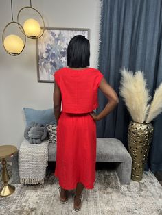 Brighten your day with this bold On An Adventure Set by White Birch! This vibrant red set is a must have addition to any chic wardrobe, offering a pop of color and style! The perfect set to be worn together as a set with heels or sandals or a perfect pairing to wear individually with your own piece of choosing. The top is a sleeveless solid woven top with a round neck featuring a cropped length and the matching bottom is a high waisted skirt featuring pockets, elastic back waist and pleated base. The fabric is a lightweight linen woven material. Fabric: 70% Cotton, 30% Linen Measurements: Bust (Size M): 21'' Bust (Size 2XL): 26'' Length (Size M): 16.5'' Length (Size 2XL): 18'' Length (Size M): 31'' Length (Size 2XL): 33'' True To Size S 0-6 M 6-10 L 10-14 XL/1XL 14-18 2XL 18-20 3XL 20-24 T Denim Jacket Short, Denim Joggers, Boot Cut Denim, Tall Girl, Graphic Tops, Woven Top, Cardigan Tops, Wide Leg Denim, Short Girls