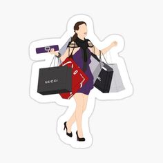 a woman carrying shopping bags and holding a camera sticker on a white back ground