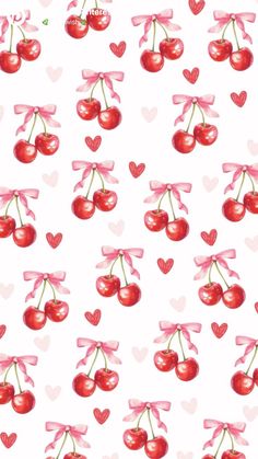 cherries with pink bows and hearts on a white background seamless wallpaper pattern