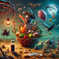 an image of a basket full of food and some strange things in the air above it