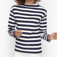 Features 3 Button Shoulder Closure Three-Quarter Sleeve Hits At Hip Funnel Neck Straight Hem Very Soft And Cozy Feel Indigo Blue/White Bust 40”, Length 26” Gamine Style, Button Pants, Classic Style Women, Striped Sweater, Funnel Neck, Button Detail, Three Quarter Sleeves, Funnel, Pullover Styling