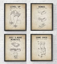 four framed pictures with instructions to use the game console for video games and gaming consoles