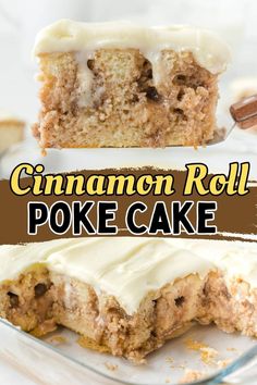 a piece of cinnamon roll poke cake on a plate